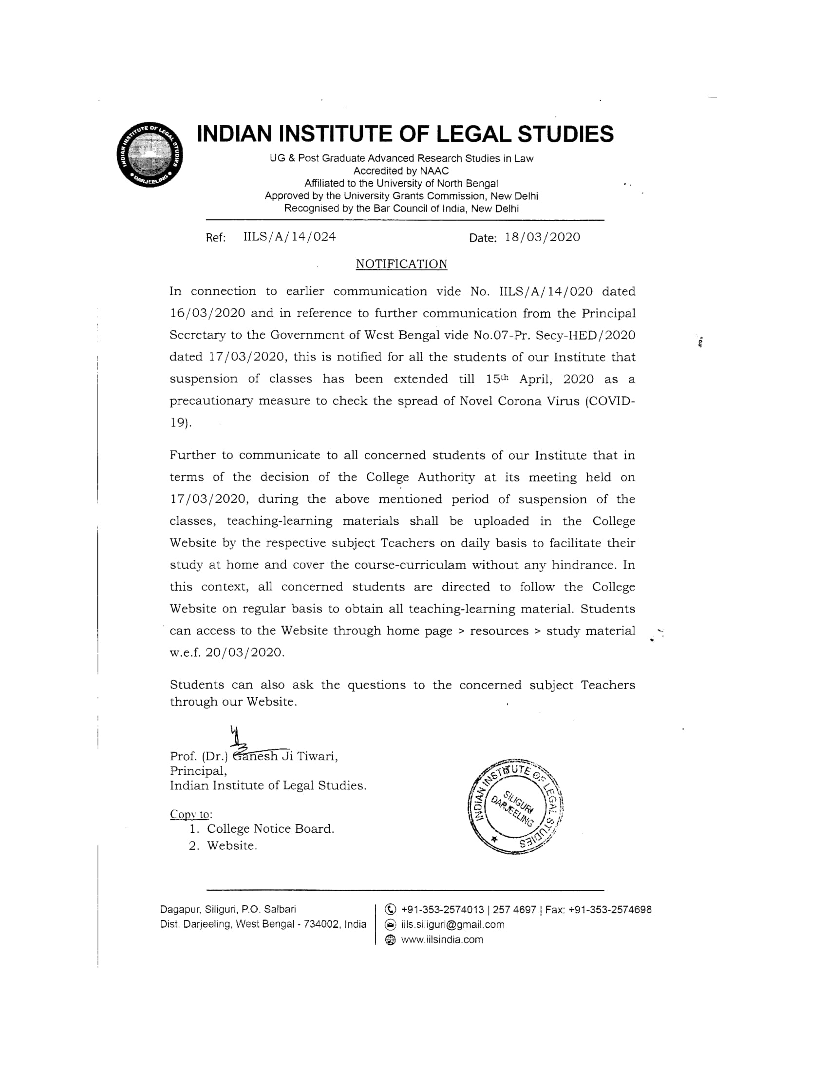 NOTICE FOR STUDENTS COVID-19